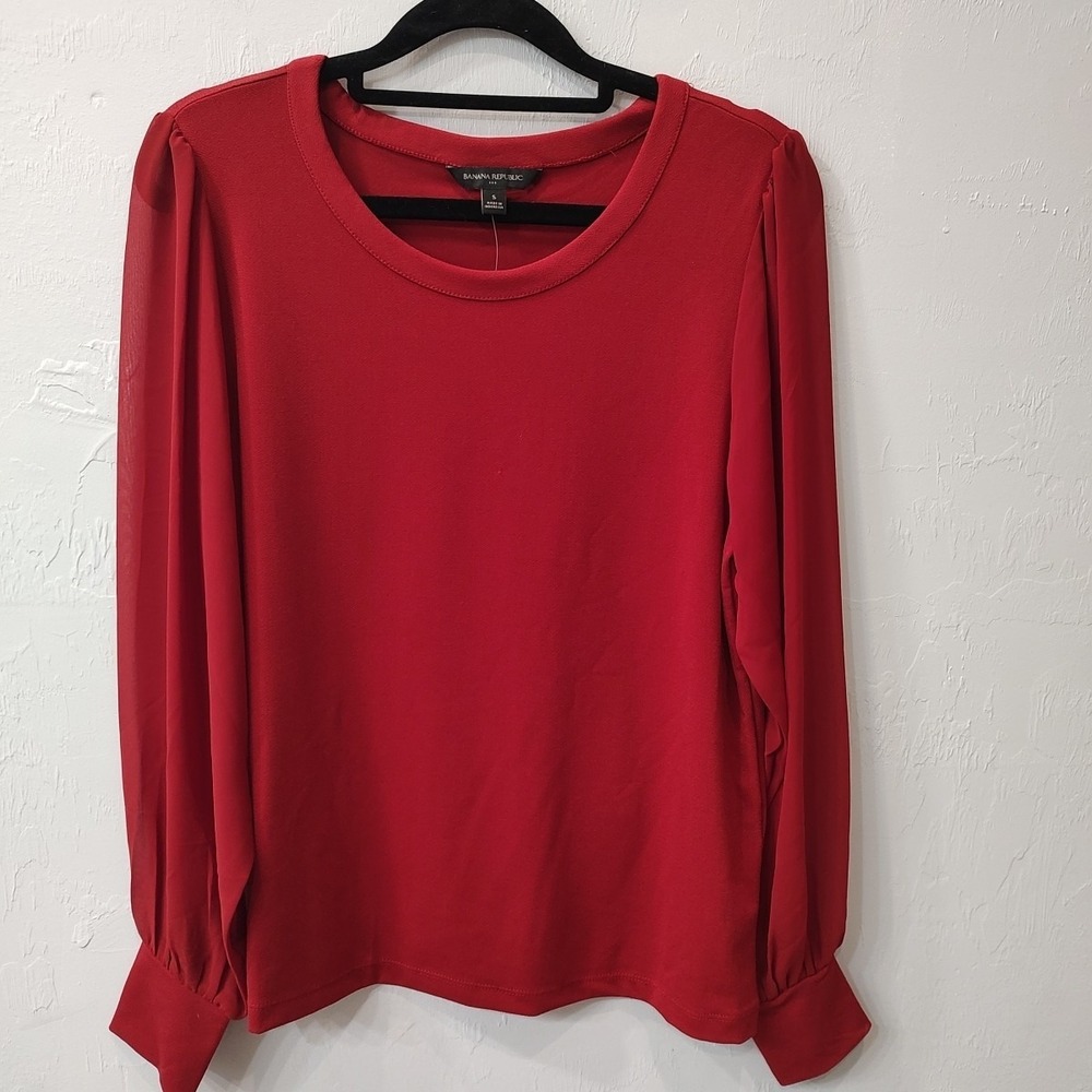 Banana Republic Red Blouse Women Small Sheer Long Sleeve Holiday Coquette